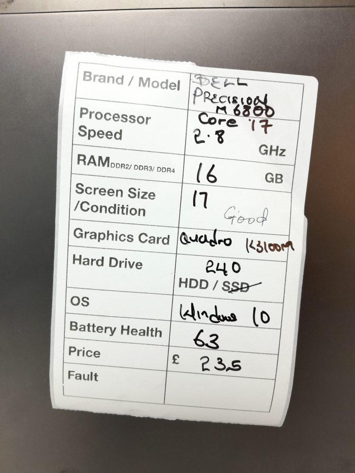 Dell Precision M6800 - Core i7 2.8GHz - 16GB RAM - 17" - Quadro K3100m - 240GB SSD - Window 10 - Image 3