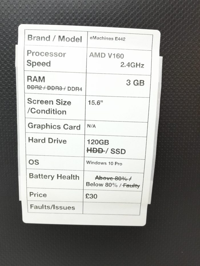 eMachines E442 Series PEW86 - AMD V160 2.4GHz - 3GB RAM - 15.6" - 120GB SSD - Windows 10 Pro - Image 3