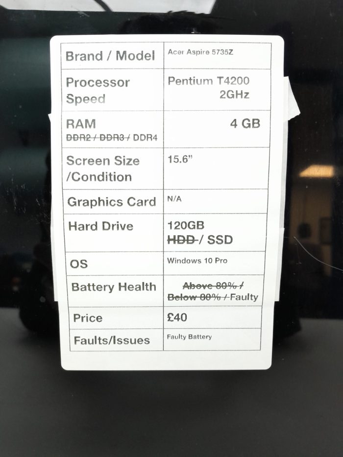 Acer Aspire 5735/5735Z/5335 series MS2253 - Pentium T4200 2GHz - 4GB Ram - 15.6" - 120GB SSD - Windows 10 Pro - Image 3