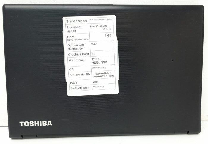 Toshiba Satellite Pro R50-B-12N - Intel i5-4250U 1.7GHz - 4GB RAM - 15.6" - 120GB SSD - Windows 10 Pro - Image 4