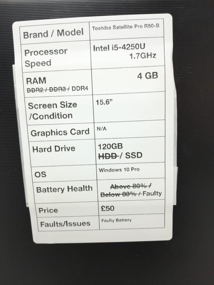Toshiba Satellite Pro R50-B-12N - Intel i5-4250U 1.7GHz - 4GB RAM - 15.6" - 120GB SSD - Windows 10 Pro - Image 3