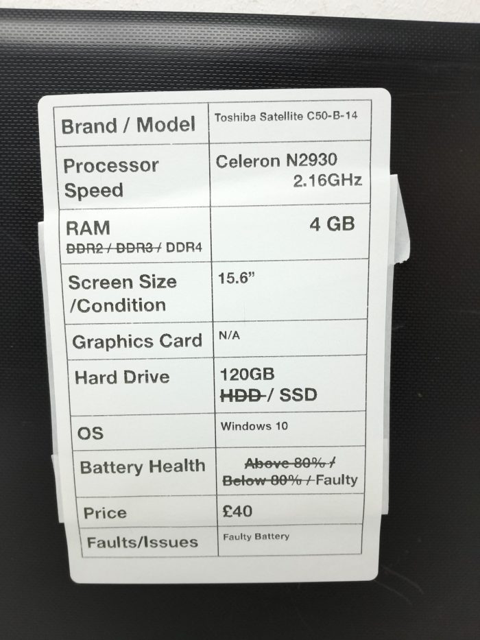 Toshiba Satellite Pro C50-B-14D - Celeron N2930 2.16GHz - 4GB RAM - 15.6" - 120GB SSD - Windows 10 - Image 3