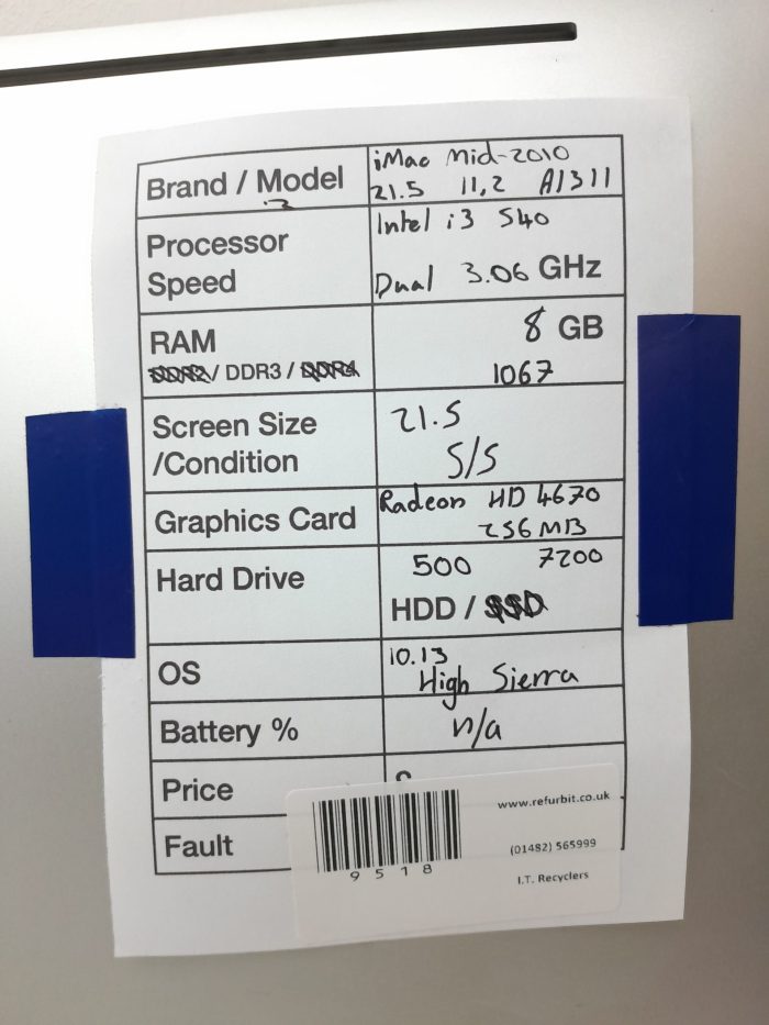 Apple iMac 11.2 Mid 2010 A1311 - Intel i3-540 Dual 3.06GHz - 8GB - 21.5" - 500 HDD - High Sierra 10.13 - Image 3