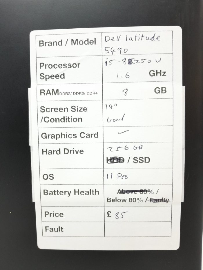 Dell Latitude 5490 - i5-8250U 1.6GHz - 8GB Ram - 14" - 256GB SSD - Windows 11 Pro - Image 3