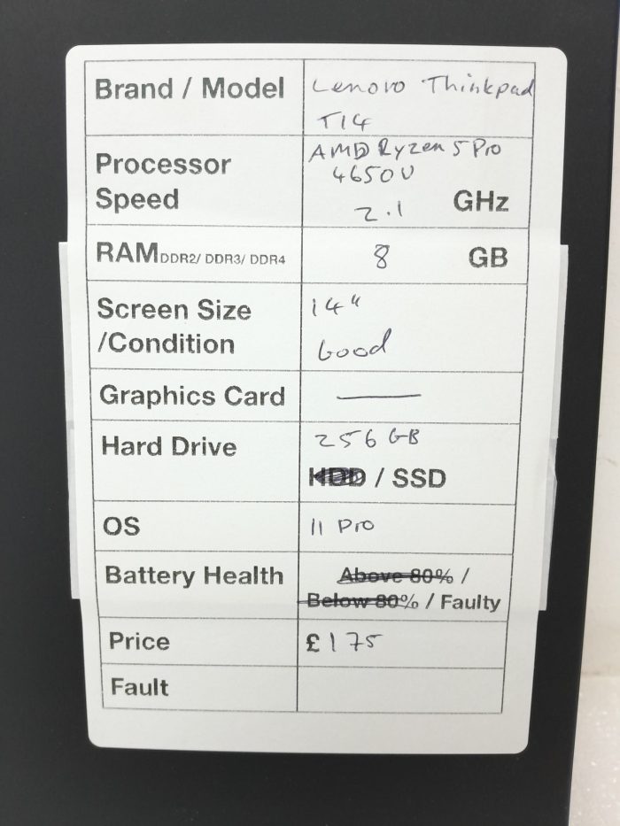 Lenovo ThinkPad T14 - AMD Ryzen 5 Pro 4650U 2.1GHz - 8GB Ram - 14" - 256GB SSD - Windows 11 Pro - Image 3
