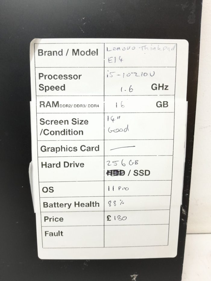 Lenovo ThinkPad E14 - i5-10210U 1.6GHz - 16GB Ram - 14" - 256GB SSD - Windows 11 Pro - Image 3