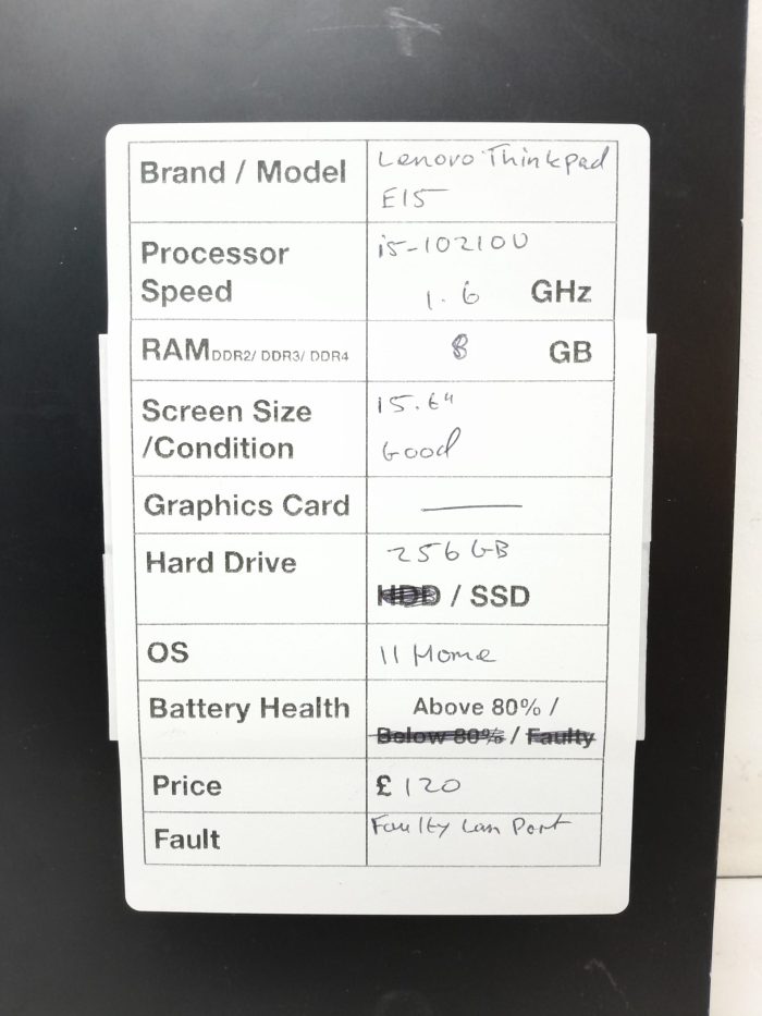 Lenovo ThinkPad E15 - i5-10210U 1.6GHz - 8GB Ram - 15.6" - 256GB SSD - Windows 11 Home - Image 3