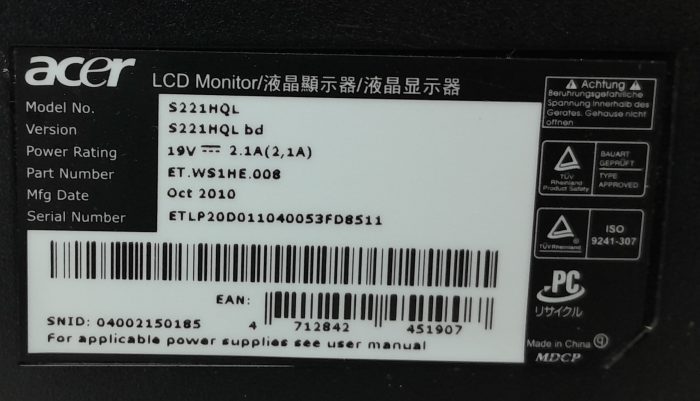 Acer S221HQL 21.5" DVI VGA LCD Monitor - Image 3