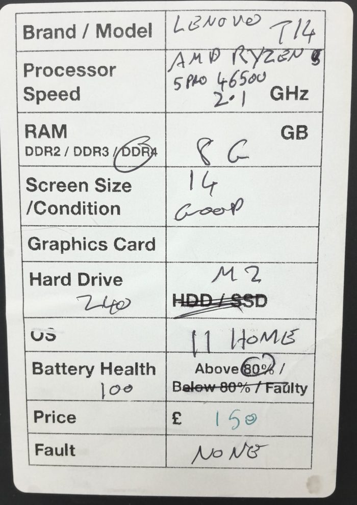 Lenovo ThinkPad T14 - AMD Ryzen 5 Pro 4650U 2.1GHz - 8GB Ram - 14" - 240 M2 SSD - Windows 11 Home - Image 3