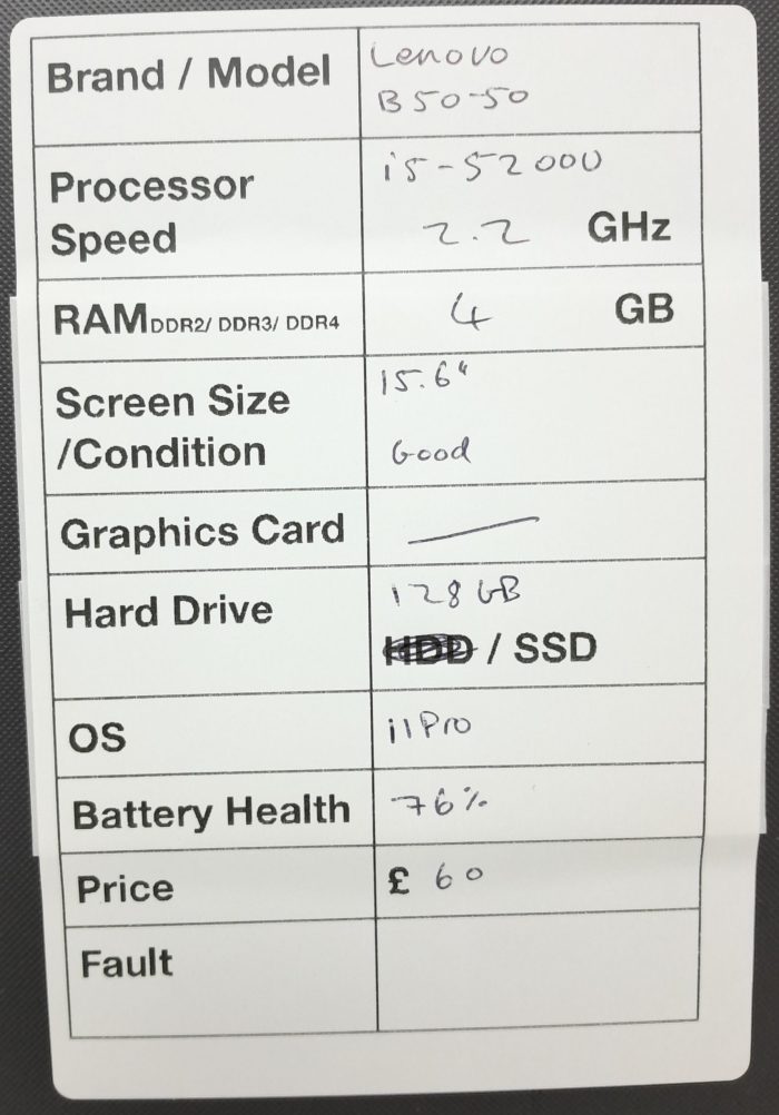 Lenovo B50-50 80S2 - i5-5200U 2.2GHz - 8GB Ram - 15.6" - 128GB SSD - Windows 11 Pro - Image 3