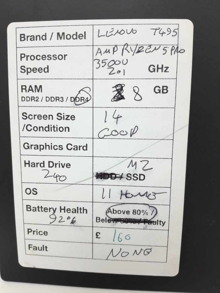 Lenovo ThinkPad T495 - AMD Ryzen 5 Pro 3500U 2.1GHz - 8GB Ram - 14" - 240 M2 SSD - Windows 11 Home - Image 3