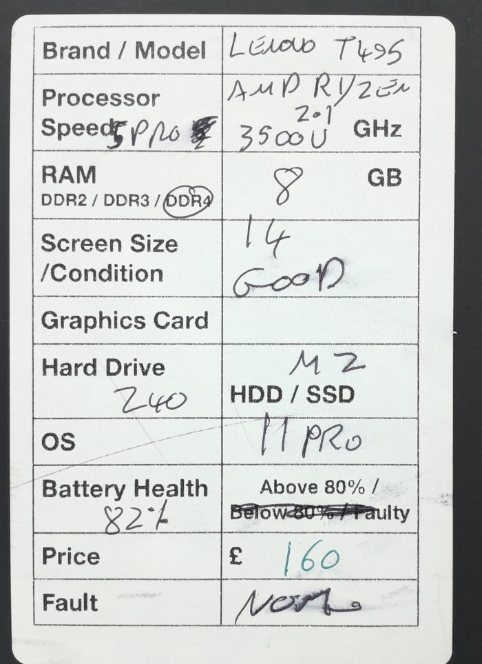 Lenovo ThinkPad T495 - AMD Ryzen 5 Pro 3500U 2.1GHz - 8GB Ram - 14" - 240 M2 SSD - Windows 11 Pro - Image 3