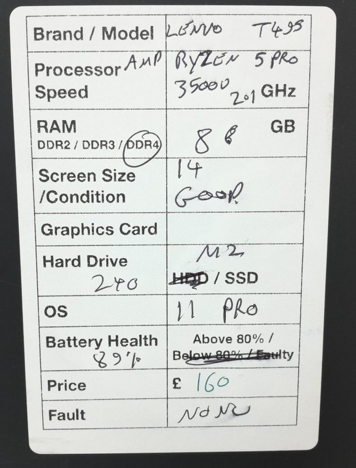 Lenovo ThinkPad T495 - AMD Ryzen 5 Pro 3500U 2.1GHz - 8GB Ram - 14" - 240 M2 SSD - Windows 11 Pro - Image 3