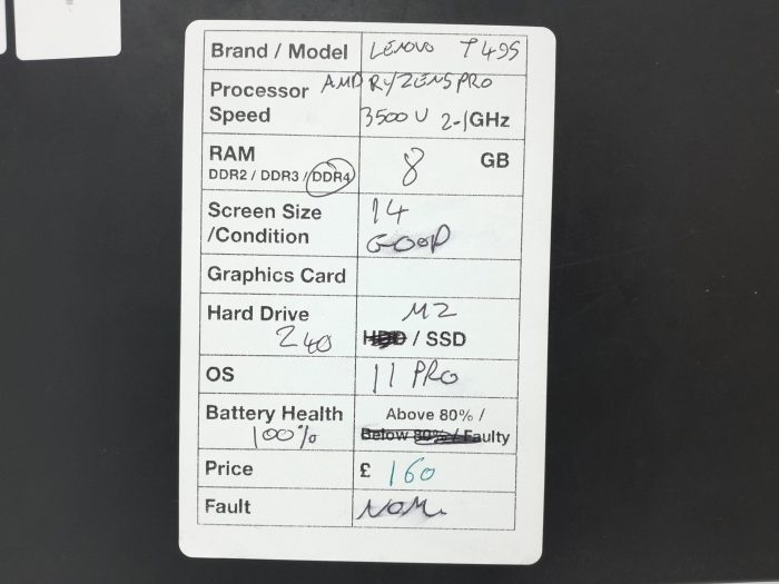 Lenovo ThinkPad T495 - AMD Ryzen 5 Pro 3500U 2.1GHz - 8GB Ram - 14" - 240 M2 SSD - Windows 11 Pro - Image 3