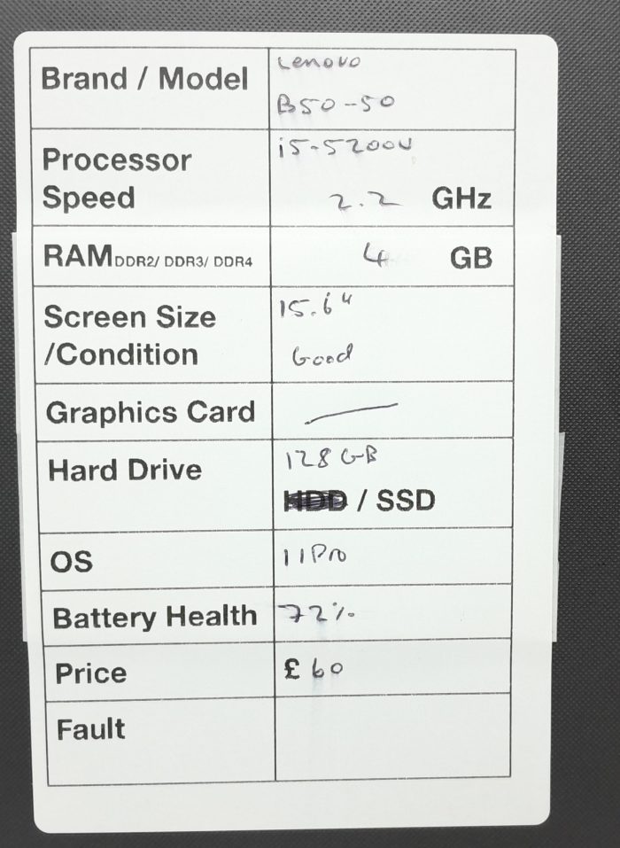 Lenovo B50-50 80S2 - i5-5200U 2.2GHz - 4GB Ram - 15.6" - 128GB SSD - Windows 11 Pro - Image 3