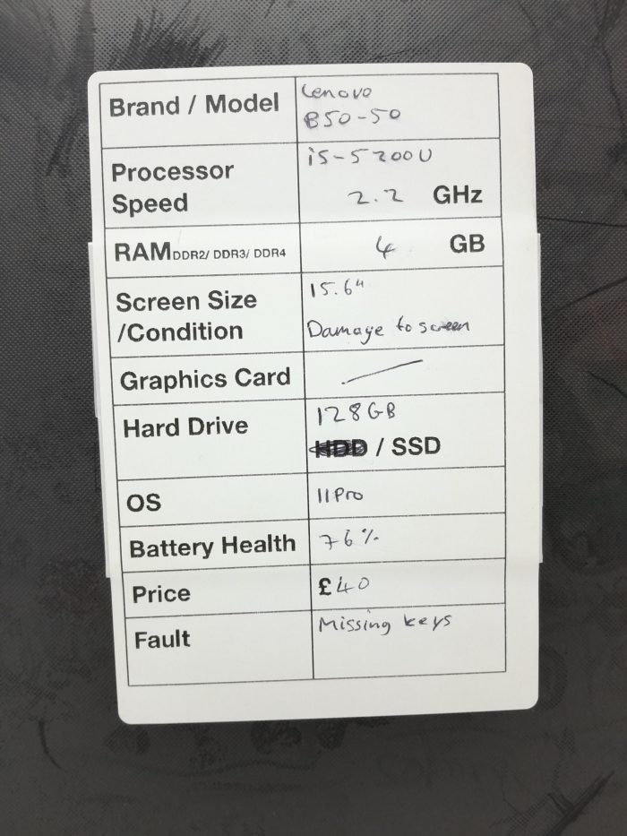 Lenovo B50-50 80S2 - i5-5200U 2.2GHz - 4GB Ram - 15.6" - 128GB SSD - Windows 11 Pro - Image 3