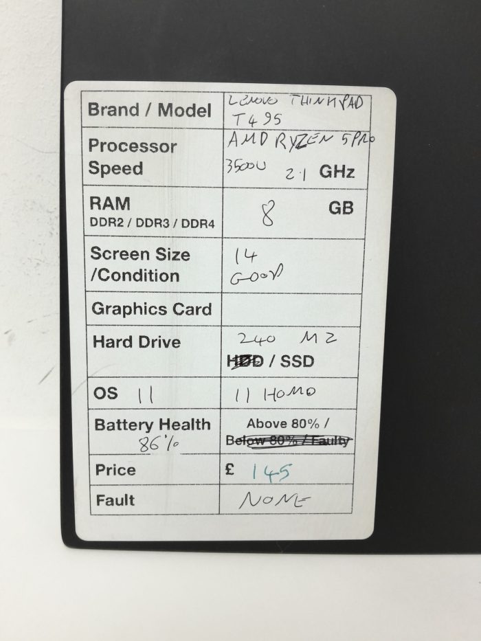 Lenovo ThinkPad T495 - AMD Ryzen 5 Pro 3500U 2.1GHz - 8GB Ram - 14" - 240 M2 SSD - Windows 11 Home - Image 3