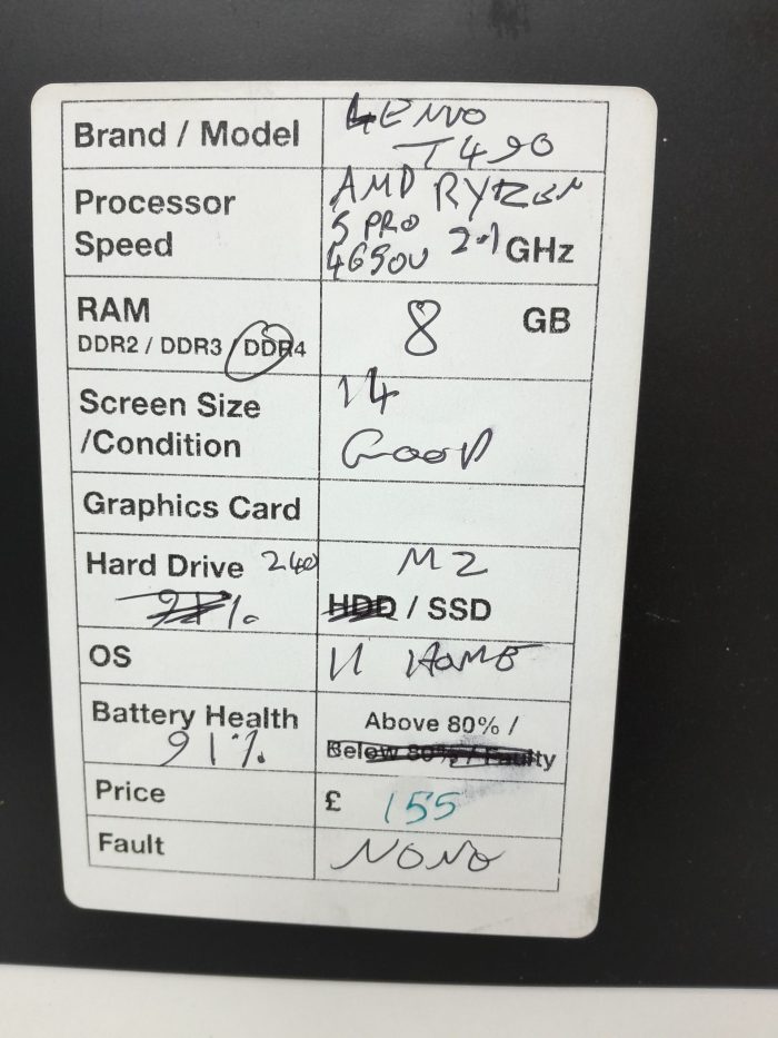 Lenovo ThinkPad T490 - AMD Ryzen 5 Pro 4650U 2.1GHz - 8GB Ram - 14" - 240 M2 SSD - Windows 11 Home - Image 3