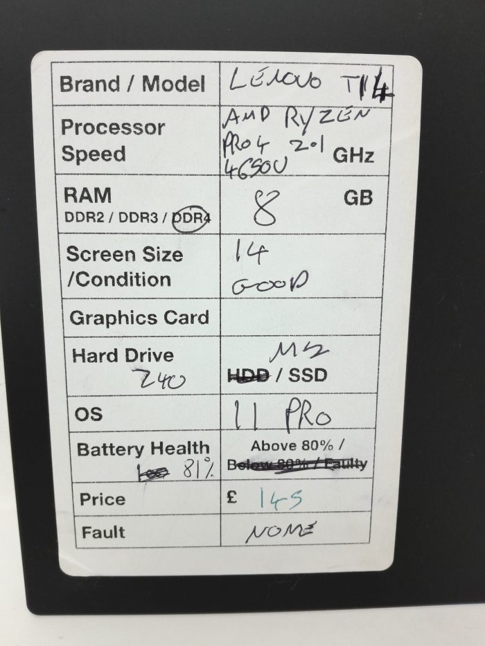 Lenovo ThinkPad T14 - AMD Ryzen Pro 4 4650U 2.1GHz - 8GB Ram - 14" - 240 M2 SSD - Windows 11 Pro - Image 3