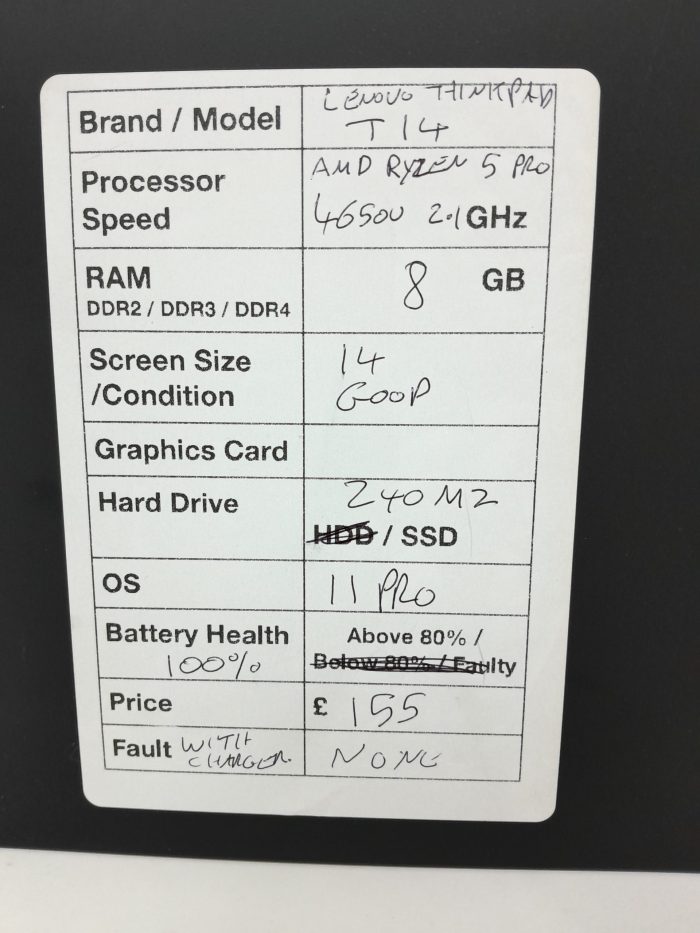 Lenovo ThinkPad T14 - AMD Ryzen 5 Pro 4650U 2.1GHz - 8GB Ram - 14" - 240 M2 SSD - Windows 11 Pro - Image 3