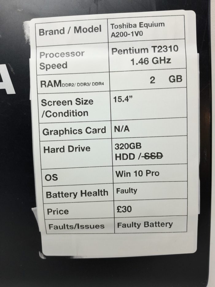 Toshiba Equium A200-1V0 PSAF5E-002005KS - Pentium T2310 1.46GHz - 2GB - 15.4" - 320GB HDD - Windows 10 Pro - Image 3