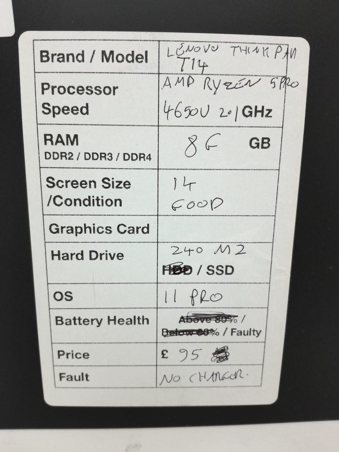 Lenovo ThinkPad T14 - AMD Ryzen 5 Pro 4650U 2.1GHz - 8GB Ram - 14" - 240 M2 SSD - Windows 11 Pro - Image 3