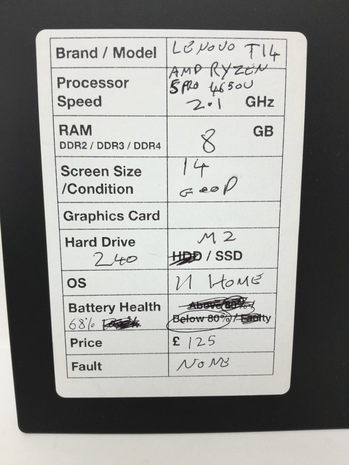 Lenovo ThinkPad T14 - AMD Ryzen 5 Pro 4650U 2.1GHz - 8GB Ram - 14" - 240 M2 SSD - Windows 11 Home - Image 3