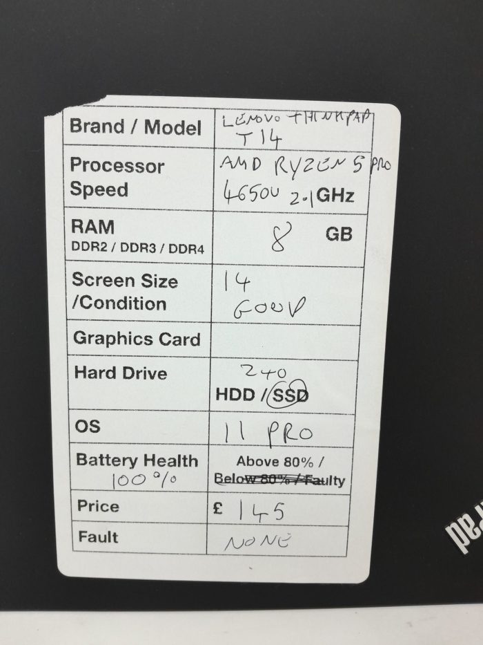 Lenovo ThinkPad T14 - AMD Ryzen 5 Pro 4650U 2.1GHz - 8GB Ram - 14" - 240 M2 SSD - Windows 11 Pro - Image 3