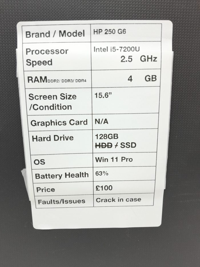 HP 250 G6 - Intel i5-7200U 2.5GHz - 4GB RAM - 15.6" - 128GB SSD - Windows 11 Pro - Image 3