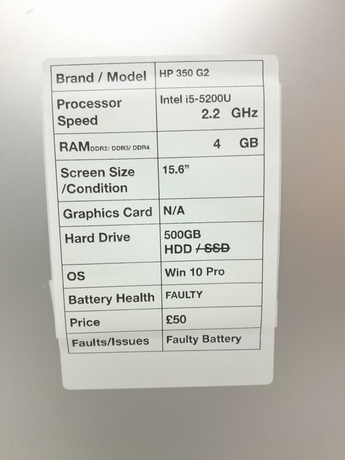 HP 350 G2 - Intel i5-5200U 2.2GHz - 4GB Ram - 15.6" - 500GB HDD - Windows 10 Pro - Image 3