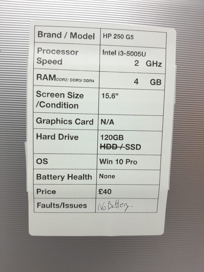 HP 250 G5 - Intel i3-5005U 2.0GHz - 4GB RAM - 15.6" - 120GB SSD - Windows 10 Pro - Image 3