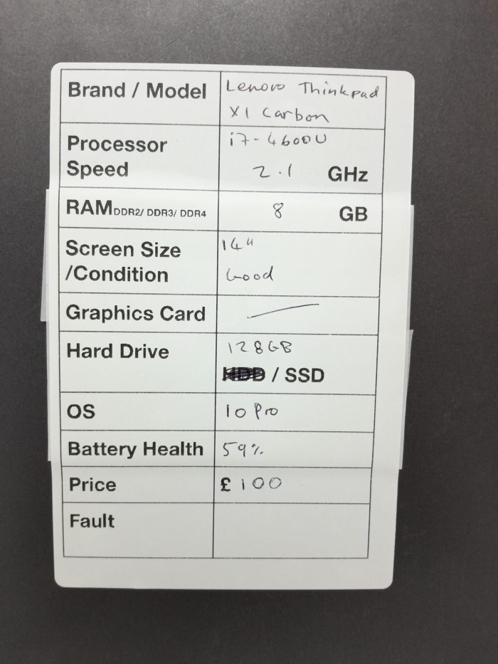 Lenovo ThinkPad X1 Carbon - i7-4600U 2.1GHz - 8GB Ram - 14" - 128GB SSD - Windows 10 Pro - Image 3