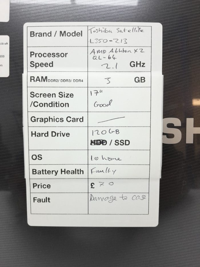 Toshiba Satellite L350-213 - AMD Athton x2 QL-64 2.1GHz - 3GB RAM - 17" - 120GB SSD - Windows 10 Home - Image 3
