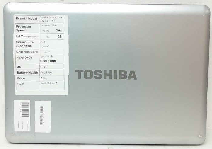 Toshiba Satellite Pro L450-13P - Celeron 900 2.2GHz - 2GB RAM - 15.6" - 250GB HDD - Windows 10 Pro - Image 4