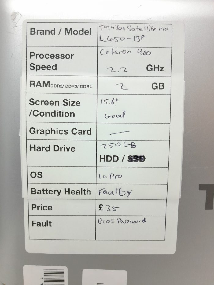 Toshiba Satellite Pro L450-13P - Celeron 900 2.2GHz - 2GB RAM - 15.6" - 250GB HDD - Windows 10 Pro - Image 3
