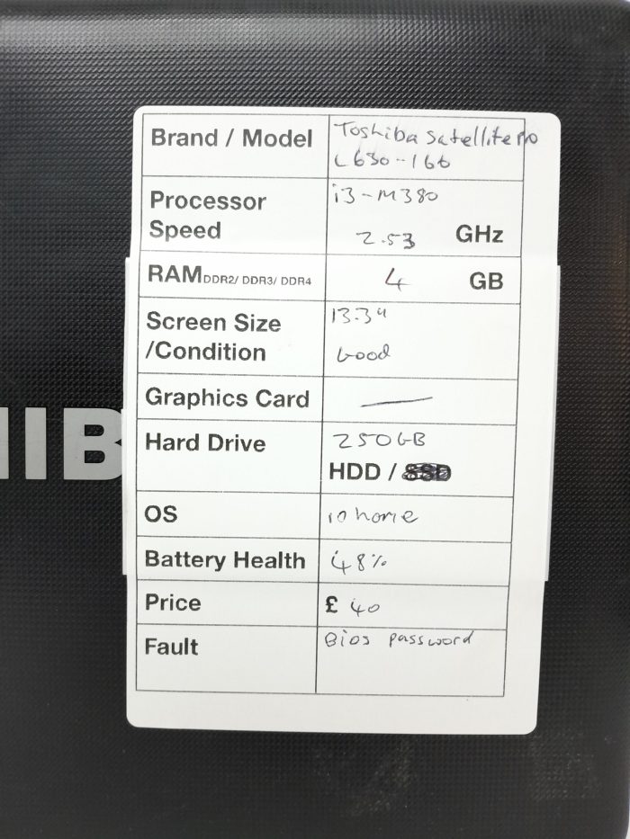 Toshiba Satellite Pro L630-166 - i3-M380 2.53GHz - 4GB RAM - 13.3" - 250GB HDD - Windows 10 Home - Image 3