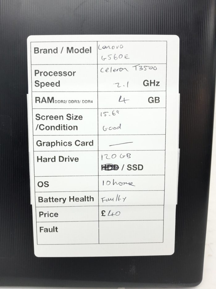 Lenovo G560E 1050 - Celeron T3500 2.1GHz - 4GB Ram - 15.6" - 120GB SSD - Windows 10 Home - Image 3