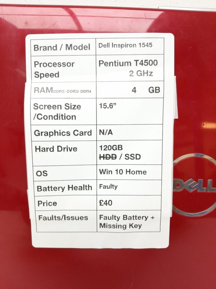 Dell Inspiron 1545 1545-2106 - Pentium T4500 2GHz - 4GB RAM - 15.6" - 120GB SSD - Windows 10 Home - Image 3