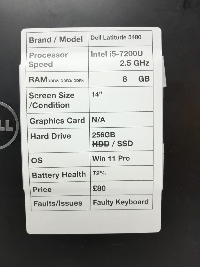 Dell Latitude 5480 - Intel i5-7200U 2.5GHz - 8GB Ram - 14" - 256GB SSD - Windows 11 Pro - Image 3