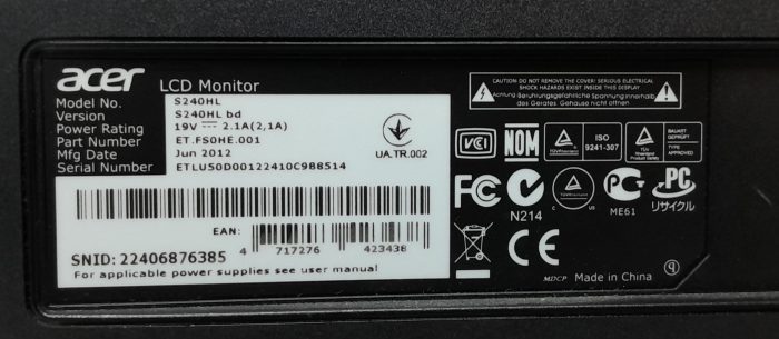 Acer Monitor 24" S240HL DVI VGA LCD Widescreen - Image 3