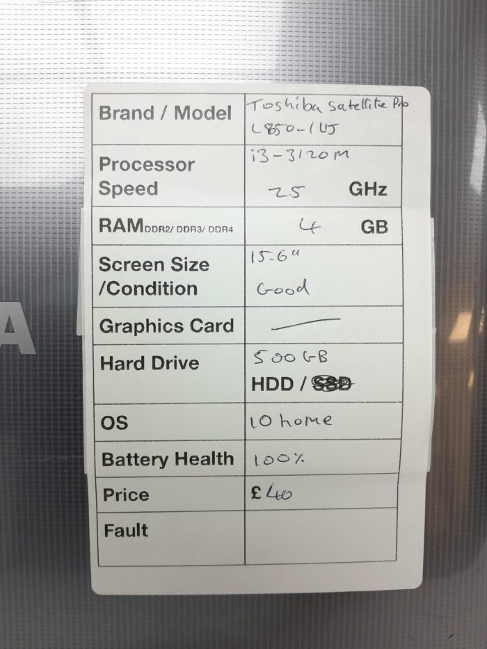 Toshiba Satellite Pro L850-1UJ - i3-3120M 2.5GHz - 4GB Ram - 15.6" - 500GB HDD - Windows 10 Home - Image 3