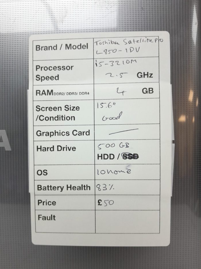 Toshiba Satellite Pro L850-1DV - i5-3210M 2.5GHz - 4GB Ram - 15.6" - 500GB HDD - Windows 10 Home - Image 3