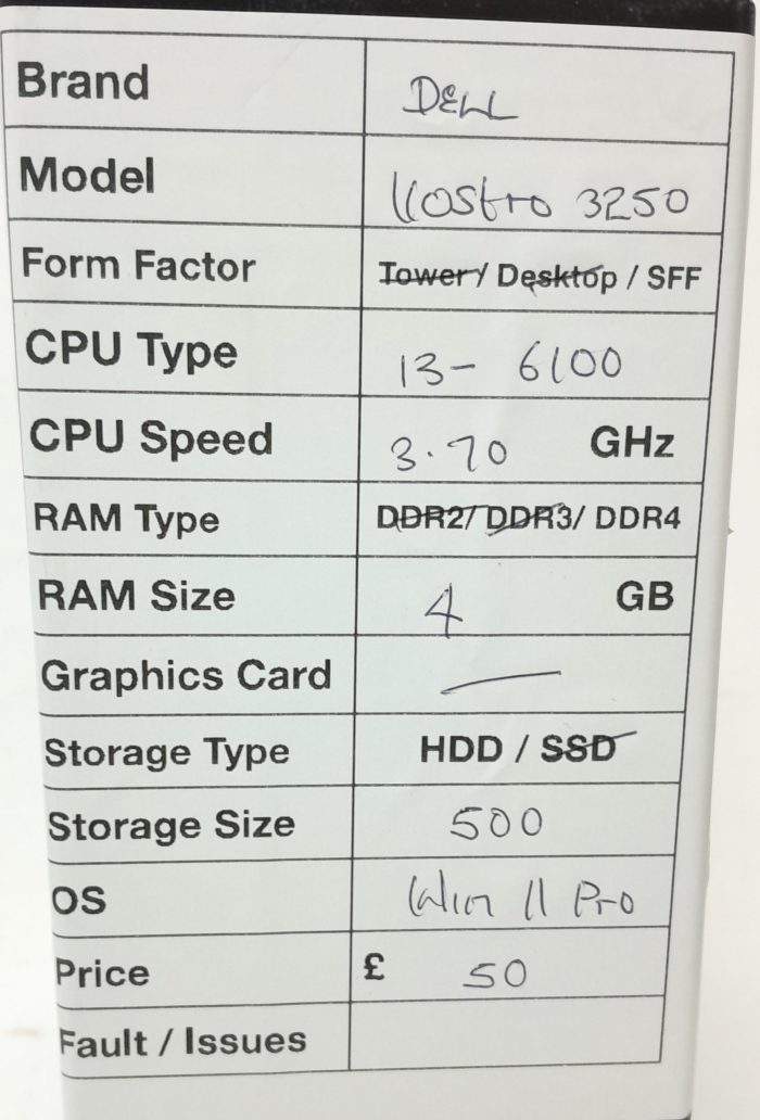 Dell Vostro 3250 SFF i3-6100 3.70GHz 4GB Ram 500GB HDD Windows 11 Pro - Image 3