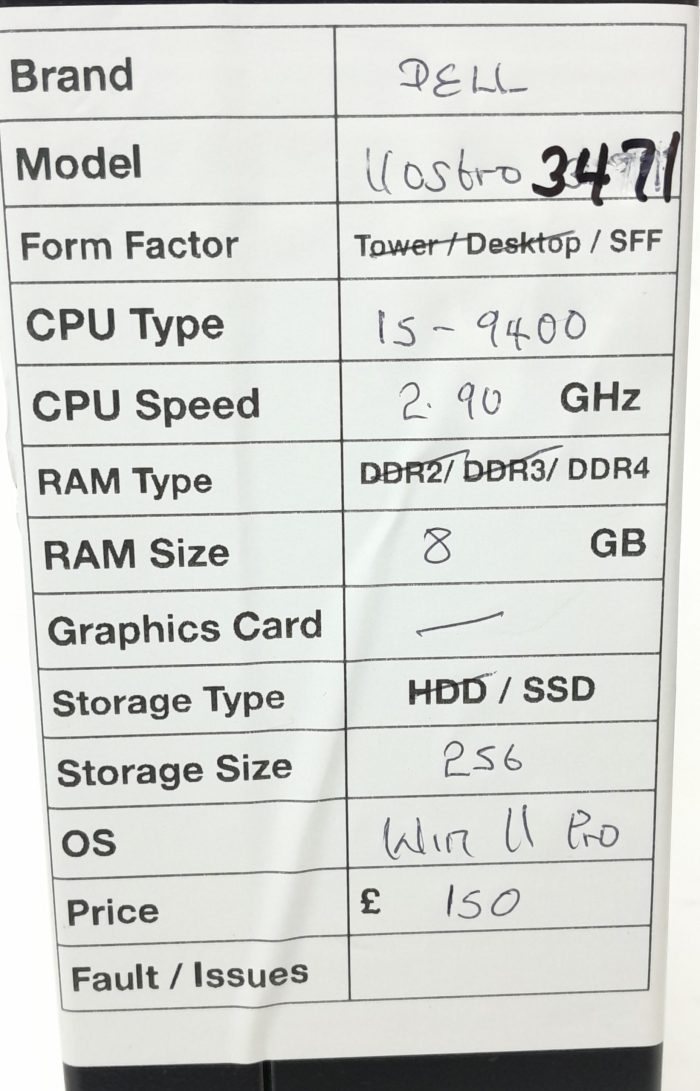 Dell Vostro 3471 SFF i5-9400 2.90GHz 8GB Ram 256GB SSD Windows 11 Pro - Image 3