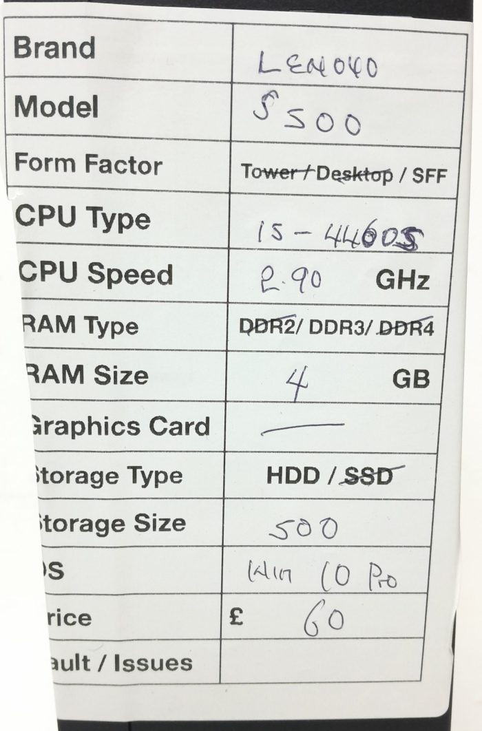 Lenovo S500 SFF i5-4460S 2.90GHz 4GB Ram 500GB HDD Windows 10 Pro - Image 3