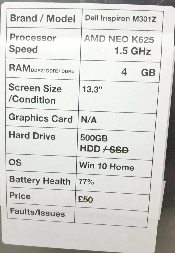 Dell Inspiron M301Z - AMD NEO K625 1.5GHz - 4GB RAM - 13.3" - 500GB HDD - Windows 10 Home - Image 3