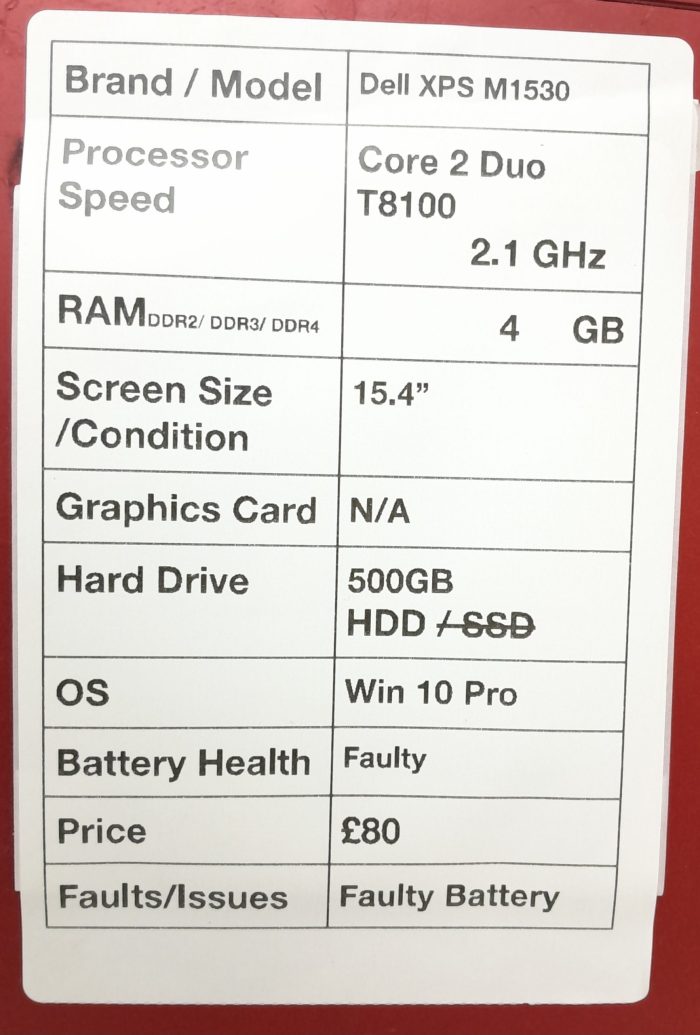 Dell XPS M1530 - Core 2 Duo T8100 2.1GHz - 4GB RAM - 15.4" - 500GB HDD - Windows 10 Pro - Image 3