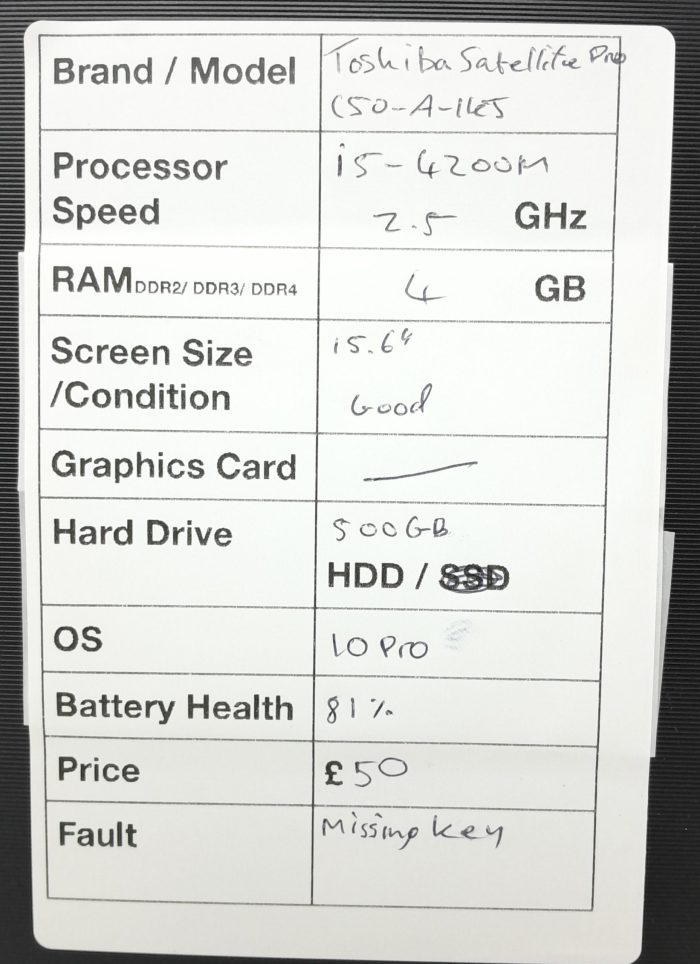 Toshiba Satellite Pro C50-A-1KJ - i5-4200M 2.5GHz - 4GB RAM - 15.6" - 500GB HDD - Windows 10 Pro - Image 3