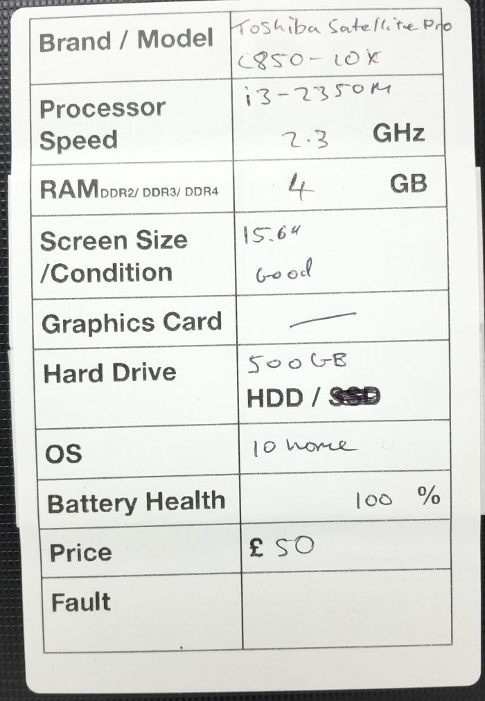 Toshiba Satellite Pro C850-10X - i3-2350M 2.3GHz - 4GB RAM - 15.6" - 500GB HDD - Windows 10 Home - Image 3
