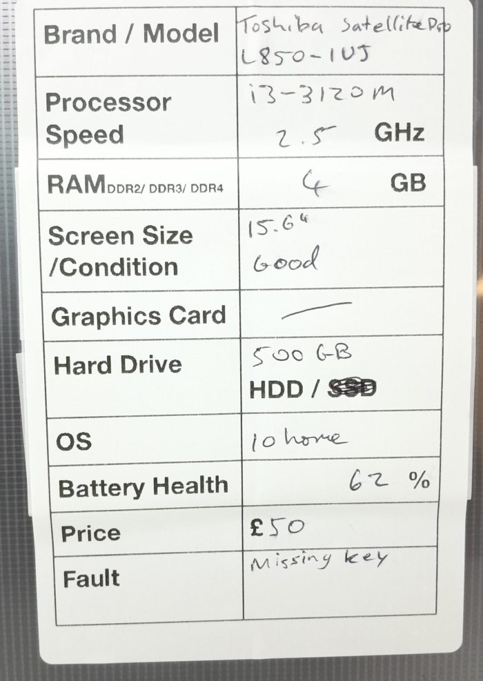 Toshiba Satellite Pro L850-1UJ - i3-3120M 2.5GHz - 4GB Ram - 15.6" - 500GB HDD - Windows 10 Home - Image 3